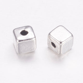 Tibetan Style Alloy Beads, Cadmium Free & Nickel Free & Lead Free, Cube, Antique Silver, about 4mm long, 4mm wide, 4mm thick, hole: 1mm.  (Packed 100 Beads)