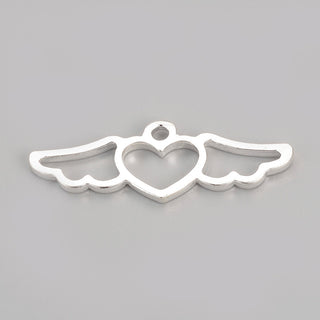 Rack Plating Alloy Open Back Bezel Pendants, Heart with Wing, Silver Color Plated, 13.5x39x2.5mm, Hole: 2.5mm(Packed 2)
