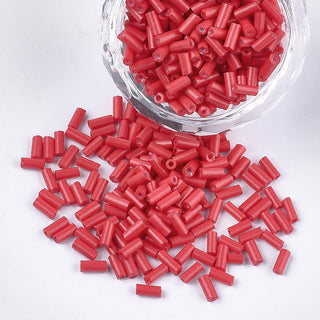Glass Bugle Beads, Crimson Red, 3~5x1.5~2mm, Hole: 0.8mm.  (approx 15gr)