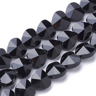 Transparent Glass Beads, Faceted, Heart, Black, 14x14x8.5mm, Hole: 1mm, 10 beads.