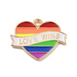 Pride Alloy Enamel Pendants, Heart with Wording:  "Love Wins" Charms, Light Gold, Rainbow, 17x21.5x1.5mm, Hole: 1.5mm(Sold Individually)