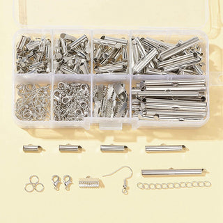DIY Jewelry Making Finding Kit, Including Iron Slide On End Clasp Tube & Chain Extender & Ribbon Crimp Ends & Jump Rings, Brass Earring Hooks, Alloy Lobster Claw Clasps, Platinum Color on Metal.