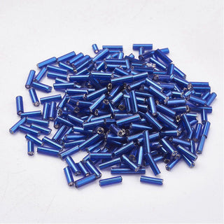 Glass Bugle Beads, Silver Lined, Royal Blue, 9x2mm, Hole: 0.5mm. Approx 15 Grams.