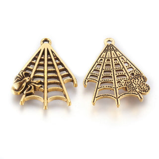 Metal Spider Web with Spider.  Antique Golden Color. 32x23x3.5mm, Hole: 1.5mm   See Drop Down for Options.