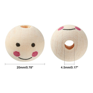 Natural Wood Beads, Large Hole Beads, Round with Smily Face, PapayaWhip, 19~20x17.5~18mm, Hole: 4.5mm, * 10 Beads