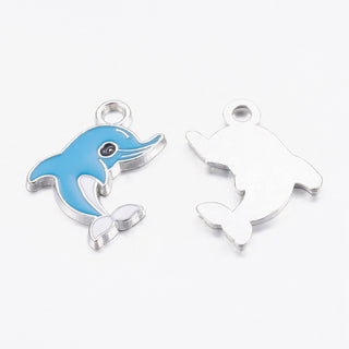 Alloy Enamel Dolphin Charm, Platinum, Deep Sky Blue, about 26.5mm long, 20mm wide, 2mm thick, hole: 2.5mm.  Sold Individually