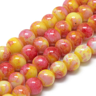 Glass (8mm) Round.  Mottled Red/ Yellow.  Approx 50 Beads.
