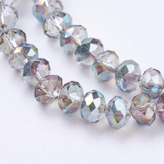 Electroplate Glass Beads Strands, Rainbow Plated, Faceted, Rondelle, Light Grey, 8x6mm, Hole: 1mm. approx 65 beads.