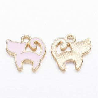 Alloy Enamel Kitten Charms, Cat Silhouette Shape, Golden with pink enamel, 12.5x13x1.5mm, Hole: 1.5mm(Sold Individually)