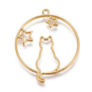 Metal Kitten Open Back Bezel Pendants, Flat Round with Cat and Star, Golden, 43x35.5x2mm, Hole: 2mm(Packed 2)