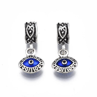 Alloy Enamel European Dangle Charms, Evil Eye, Large Hole Pendants, Antique Silver, Blue, 23.5mm, Hole: 5mm.  (Packed 5 Charms)