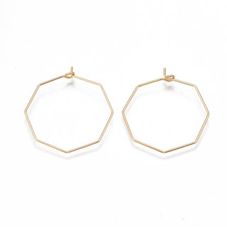 Brass Hoop Earring Findings, Wine Glass Charms Findings, Octagon, Real 18K Gold Plated, 20 Gauge, 30~31x28x0.8mm, Pin: 0.8mm.  Packed 10.(Packed 10)
