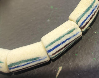Sand Cast African Recycled Glass (Cream Barrel with Brownish Red/Green/Bue Lines)   *3 Beads