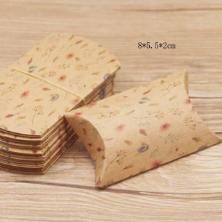 Paper Pillow Gift Boxes, Flower Pattern on Kraft Natural, 9.9x5.5x0.1cm; Finished Product: 8x5.5x2cm. (Packed 10 Boxes)
