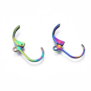304 Stainless Steel Leverback Earring Findings, Ear Wire, Rainbow Color, 16x10.5mm, Hole: 1.5mm, Pin: 0.7mm (Packed 10 Earwires)