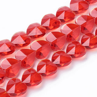 Transparent Glass Beads, Faceted, Heart, Red, 14x14x8.5mm, Hole: 1mm, 10 beads.