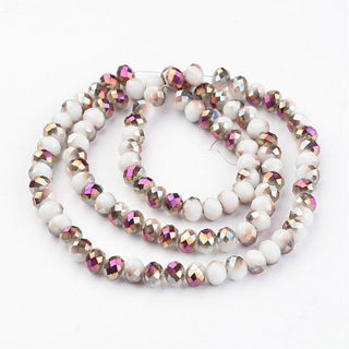 Half Bold Electroplate Glass Beads, Faceted, Rondelle, (on opaque white), 6x4.5mm, Hole: 1mm;