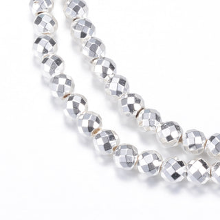 Electroplate Non-magnetic Hematite Bead Strands, Round, Faceted, Bright Silver Plated, 8mm, Hole: 1mm, approx 50 Beads