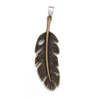 Tibetan Style Feather Pendant with Stainless Steel Bail, Antique Bronze & Stainless steel Color, 63x21x2.5mm, Hole: 4x9mm.  (Sold Individually)