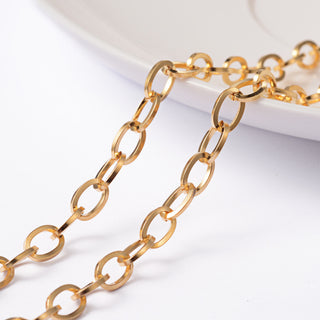 304 Stainless Steel Cable Chains, Unwelded Flat Oval, Real 18K Gold Plated, 7x4x0.8mm, *Sold by the Foot