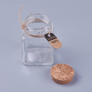 Glass Bottle w/ Cork.  8 x 5.5cm.  100ml.  Clear/ Square.  w/ Label and Tie.   *Sold Individually.