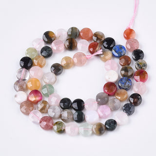 Natural Mixed Stone Beads Strands, Faceted, Flat Round, 6x3.5~4mm, Hole: 0.9mm, *Approx 72 Beads.