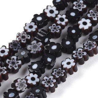 Hand-crafted Millefiori Glass Bead Strands, Flower, Black, 3.7~5.6x2.6mm, Hole: 1mm, about 88~110pcs/Strand, 15.75''(40cm)