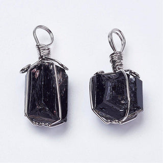 Natural Black Tourmaline Pendants, Nugget, with Brass Finding, Platinum, 36~40x15~20mm, Hole: 7mm.  Sold Individually