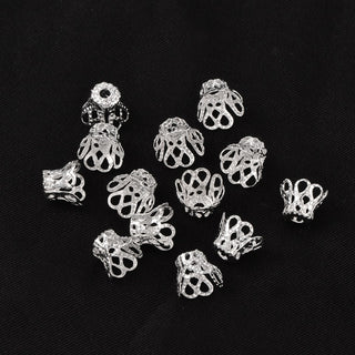 Multi-Petal Filigree Iron Bead Caps, Silver Color Plated, 6.5x8.5mm, Hole: 2mm.  (Packed 25)