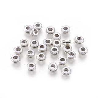 Tibetan Style Alloy Beads, Rondelle  w/ Mid line Embelleshment,  Antique Silver, 5x4mm, Hole: 3mm;  (Packed 25 Beads)