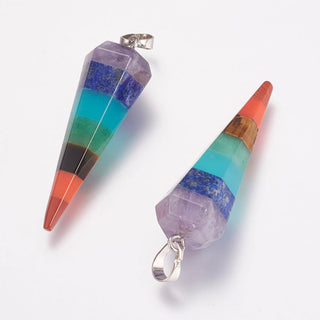 Yoga Chakra Jewelry, Natural Gemstone Pendants, with Platinum Plated Brass Findings, Cone, 47x15mm, Hole: 5x8mm (Multi  Color)  Sold Individually