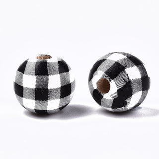 Printed Natural Wooden Beads, Round with Check Pattern, Black & White, 12x11mm, Hole: 3mm.  (Packed 20 Beads).