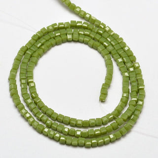 Cube (Faceted Glass)  Moss Green (2 x 2 x 2mm)  16" Strand (approx 200 beads)