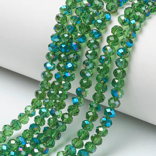 Electroplate Glass Beads Strands, Half Plated, Blue Plated, Faceted, Rondelle, Green, 6x5mm, Hole: 1mm; about 92 beads