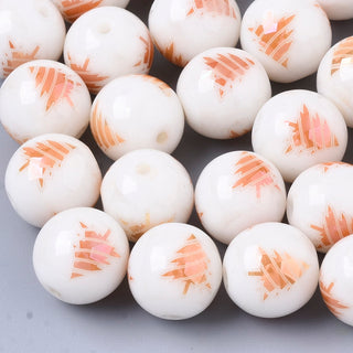 Christmas Opaque White Glass Beads, Round with Electroplated Christmas Tree Pattern, (See Drop Down for Options), 10mm, Hole: 1.2mm.  (10 Beads per Strand)