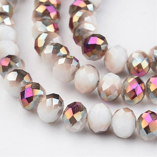 Half Bold Electroplate Glass Beads, Faceted, Rondelle, (on opaque white), 6x4.5mm, Hole: 1mm;