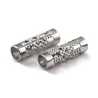 316 Surgical Stainless Steel Filigree Tube Beads, Stainless Steel Color, 12x4mm, Hole: 3mm  (Packed 25 Beads)