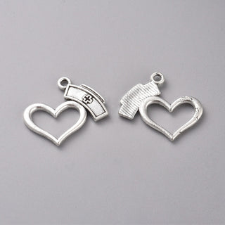 Charm.  Heart with Nurse's Cap, Antique Silver, 20x23x2.5mm, Hole: 1.6mm.  (Sold Individually)