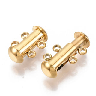 304 Stainless Steel Slide Lock Clasps, 2 Strands, 4 Holes, Tube, Golden Color, 15x10x6.5mm, Hole: 1.8mm.  (Sold Individually)