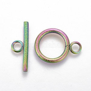 304 Stainless Steel Toggle Clasps, Matt Textured, Ring, Rainbow Color, Bar: 7x20x2mm, Hole: 3mm, Ring: 19x14x2mm, Hole: 3mm