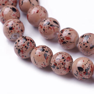 Glass (8mm) Round Camel Tan with Red/ Black Splatter  (approx 50 Beads per Strand)