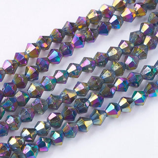 Bicone.  Electroplate Glass Beads Strands, Faceted, Colorful, 4x4mm, Hole: 1mm; about 104pcs/strand