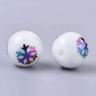 Holiday Opaque White Glass Beads, Round with Electroplated Snowflake Pattern, (See Drop Down for Options), 10mm, Hole: 1.2mm.  (10 Beads per Strand)