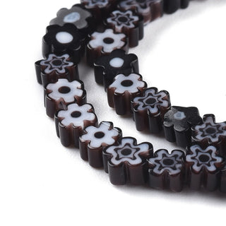 Hand-crafted Millefiori Glass Bead Strands, Flower, Black, 3.7~5.6x2.6mm, Hole: 1mm, about 88~110pcs/Strand, 15.75''(40cm)