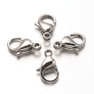 304 Stainless Steel Lobster Claw Clasps, Hand Polished, Stainless Steel Color, 17x11x5mm, Hole: 2mm *(Packed 4)
