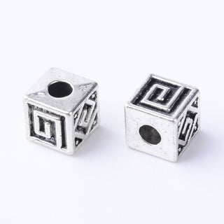 Alloy Metal Cube Beads.  Antique Silver Color.  (5x5x5mm).  w/ Geometric Pattern.  (Packed 15 Beads)