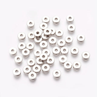 Brass Spacer Beads, Rondelle, Platinum Silver Color, 6x2mm, Hole: 2mm. (Packed 20 Beads).