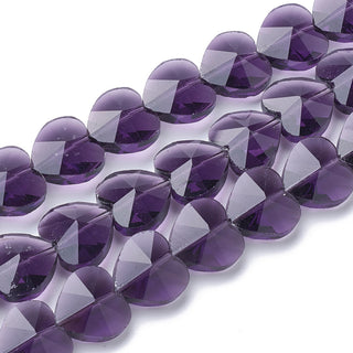 Transparent Glass Beads, Faceted, Heart, Purple, 14x14x8.5mm, Hole: 1mm, 10 beads.