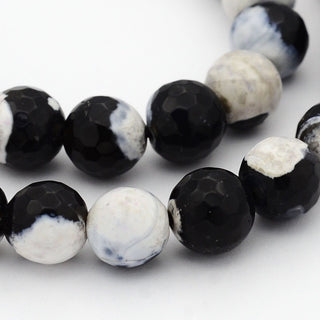 Natural Weathered Agate Faceted Round Beads Strands, Dyed, Grade A, Black & White, 8mm, Hole: 1mm; about 47pcs/strand, 15"