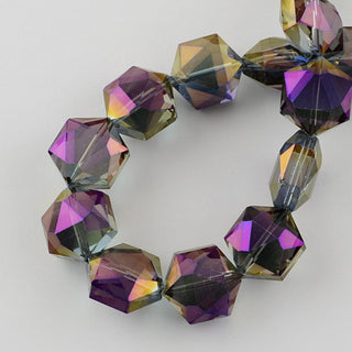 Electroplate Glass Bead Strands, Faceted, Hexagon, Purple Plated, Purple, 16x14x9mm, Hole: 1mm, approx 30 beads
